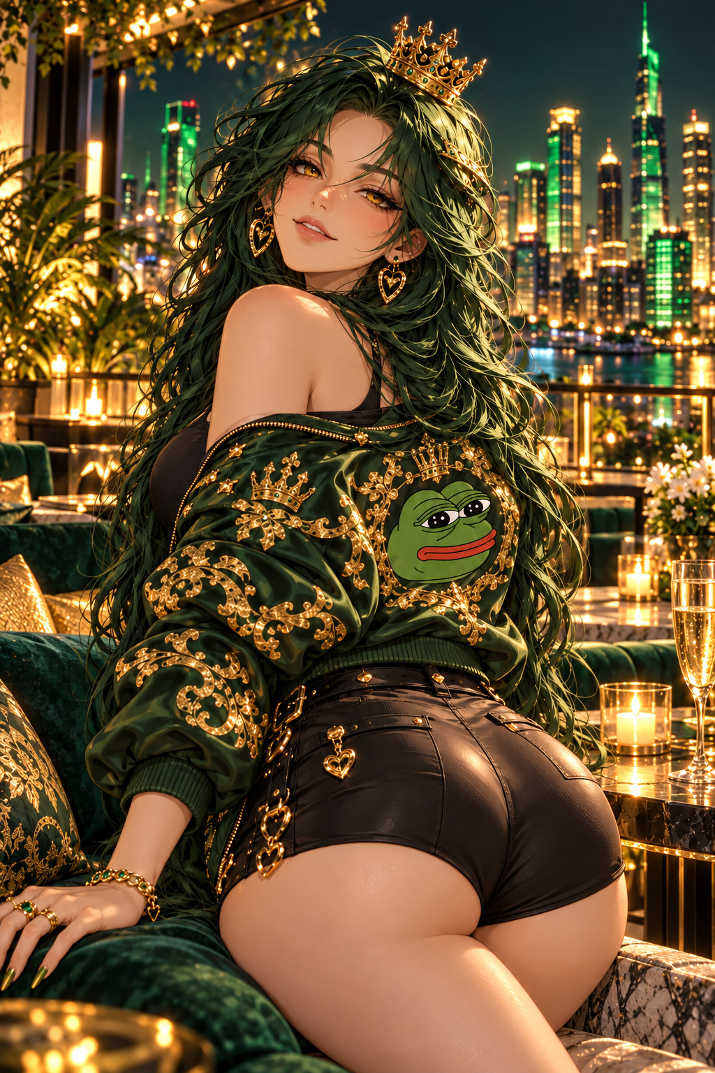 The Empress above a city skyline at night in emerald and gold