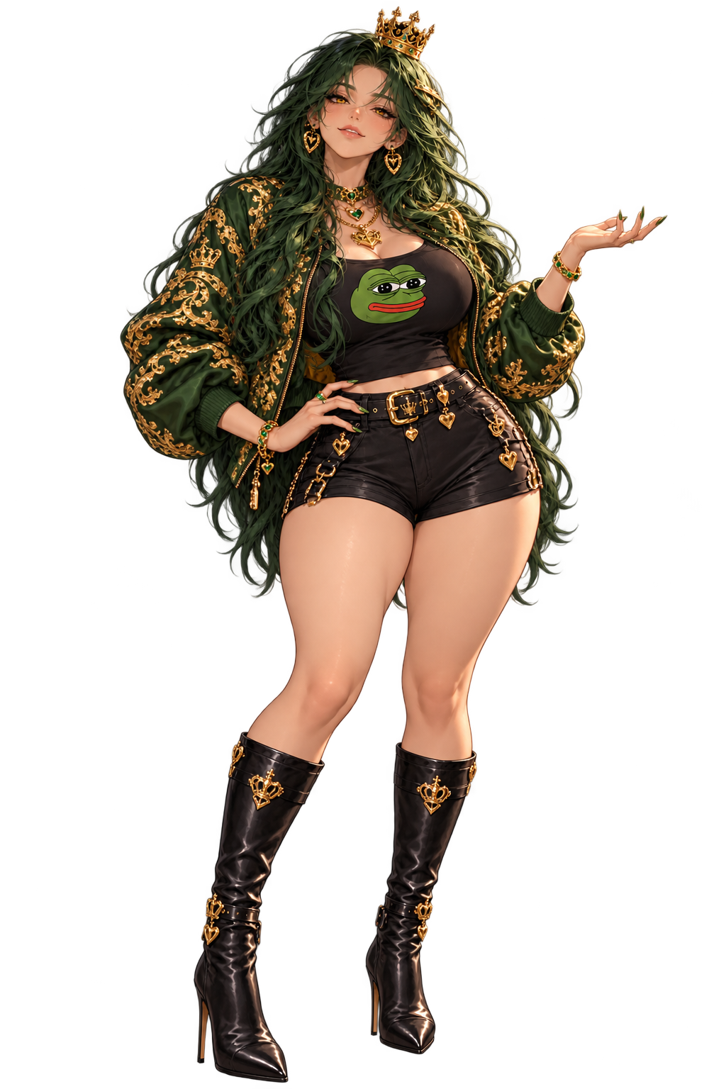 The adult emerald-haired Empress with a gold crown and green frog emblem